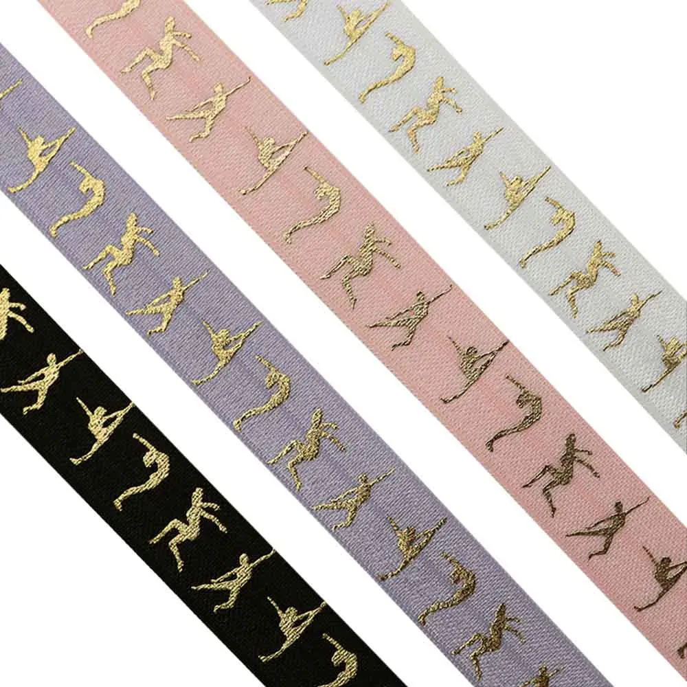 5/8" 15MM Gold Foil Female Gymnasts Printed Fold Over Elastic Band Gymnastics FOE Ribbon For DIY Knot Ties Hair Accessories