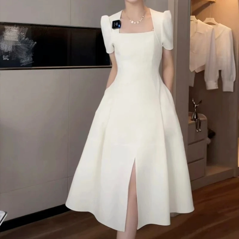 

2023 Summer Elegant White Midi Dresses for Women Square Neck Side Pockets Slit Casual Dress