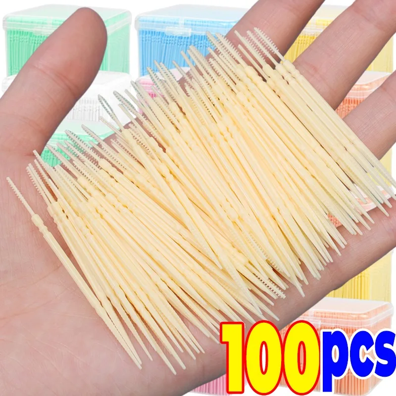 100pcs 더블 엔드 치아 스틱 초극세 이쑤시개 브러시 치과 구강 관리 깨끗한 ..