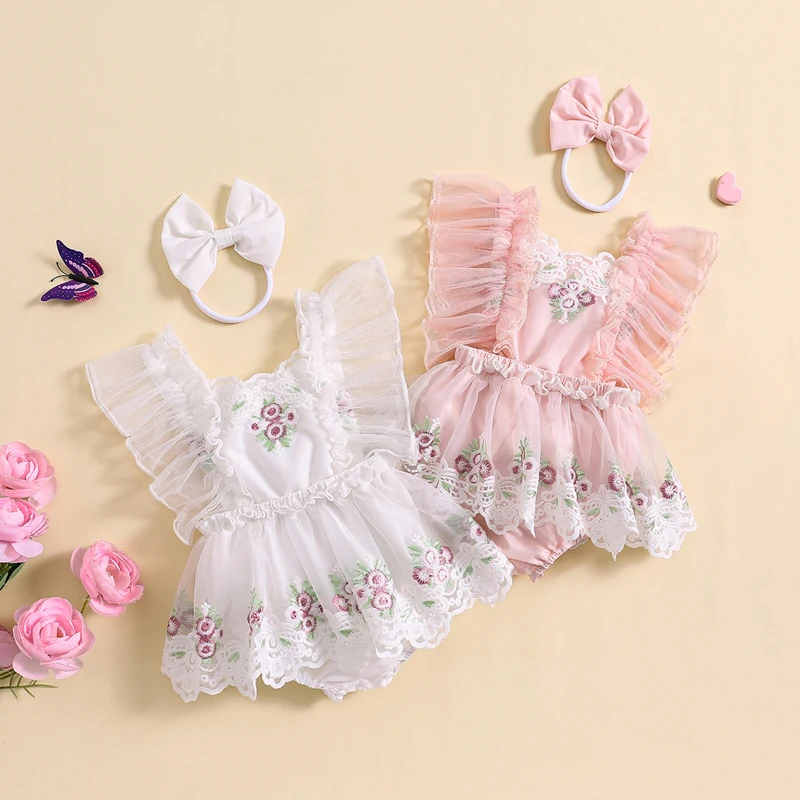 

Baby Girl 2 Piece Summer Set Fly Sleeve Flower Embroidery Lace Trim Romper Dress + 3D Bow Headband Infant Toddler Outfits