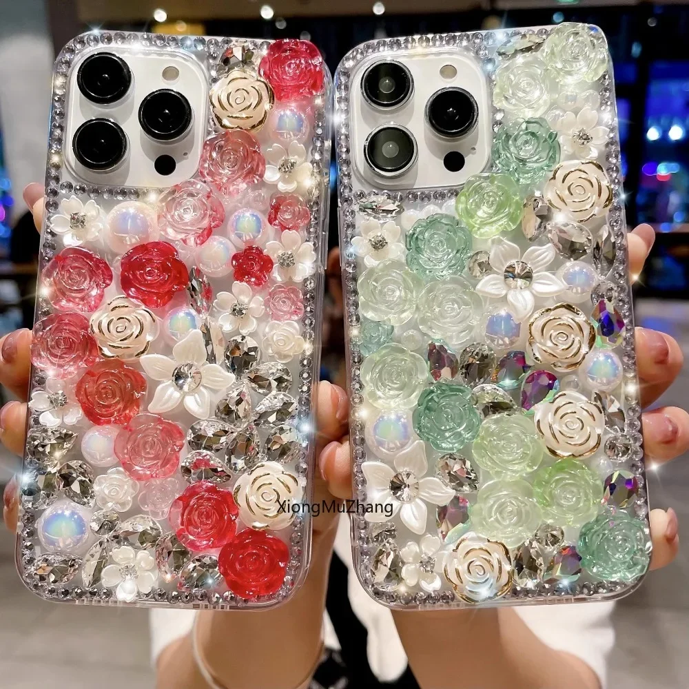Luxuriöse Strass-Perlen-Blumenhülle für iPhone 16 Pro Max 15 14 13 Pro 12 Mini 11 Pro Max 15 17 18 Pro Kristall-Mädchen-Handyhülle