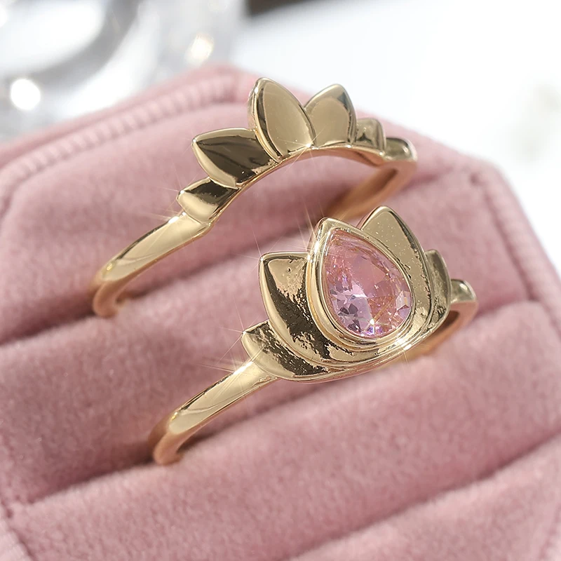 Elegant Gold-Toned Pink CZ Floral Ring Set for Women - Water Droplet Design, Perfect for Daily Wear and Parties