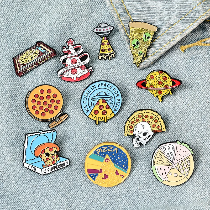 

Pizza UFO Planet Enamel Pin Custom ET Christmas Tree Globe Brooch Shirt Lapel Fun Cartoon Food Badge Bag Lapel Jewelry Gift Kids
