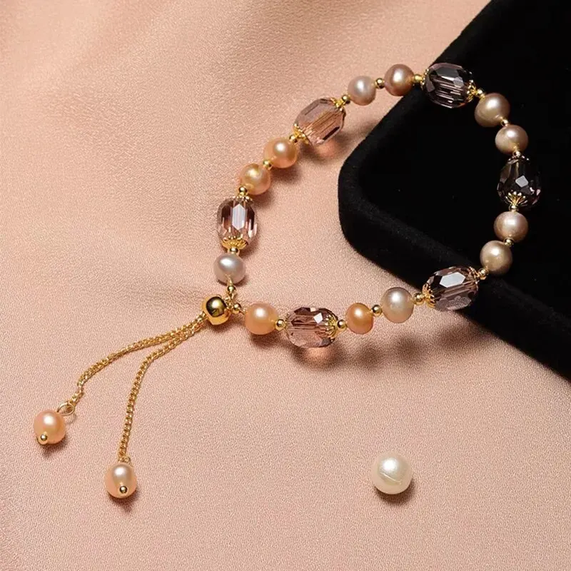 Imitation Pearl Bracelets Elegant Pink Imitation Pearl Bracelets Exquisite Purple Crystal Beaded Adjustable Bracelets Bangle Female Wristband Accessories
