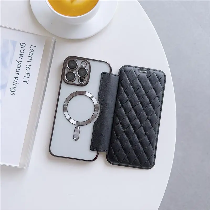 Elegant Lattice Leather Wallet Flip Case with Magsafe Wireless Charging Compatibility