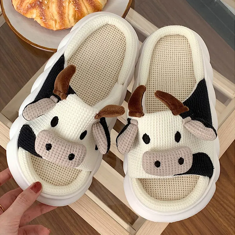 Cute Home Slippers for Women Breathable Open Toe Cow Shape Floor Shoes for Men Soft All Season Slippers for Unisex