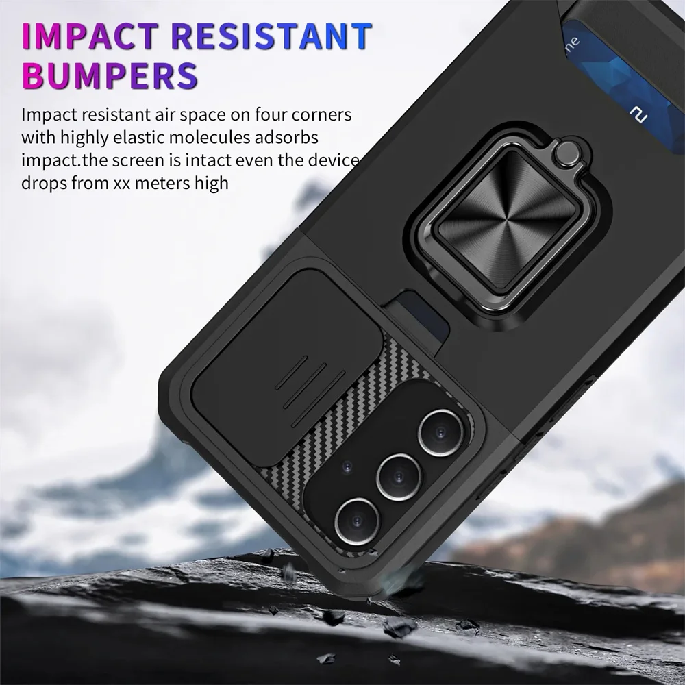 Premium Card Holder Case with Ring Stand & Rotating Slide Camera Lens - Military Armor Design