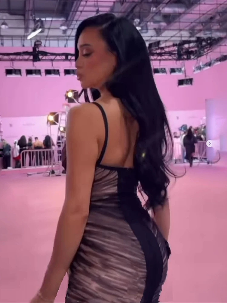 Nibber Mesh Patchwork Sexy Fashion Sling Dresses Woman Low-Neck Backless Sleeveless Design Hot Girls Street Style Mini Bodycon