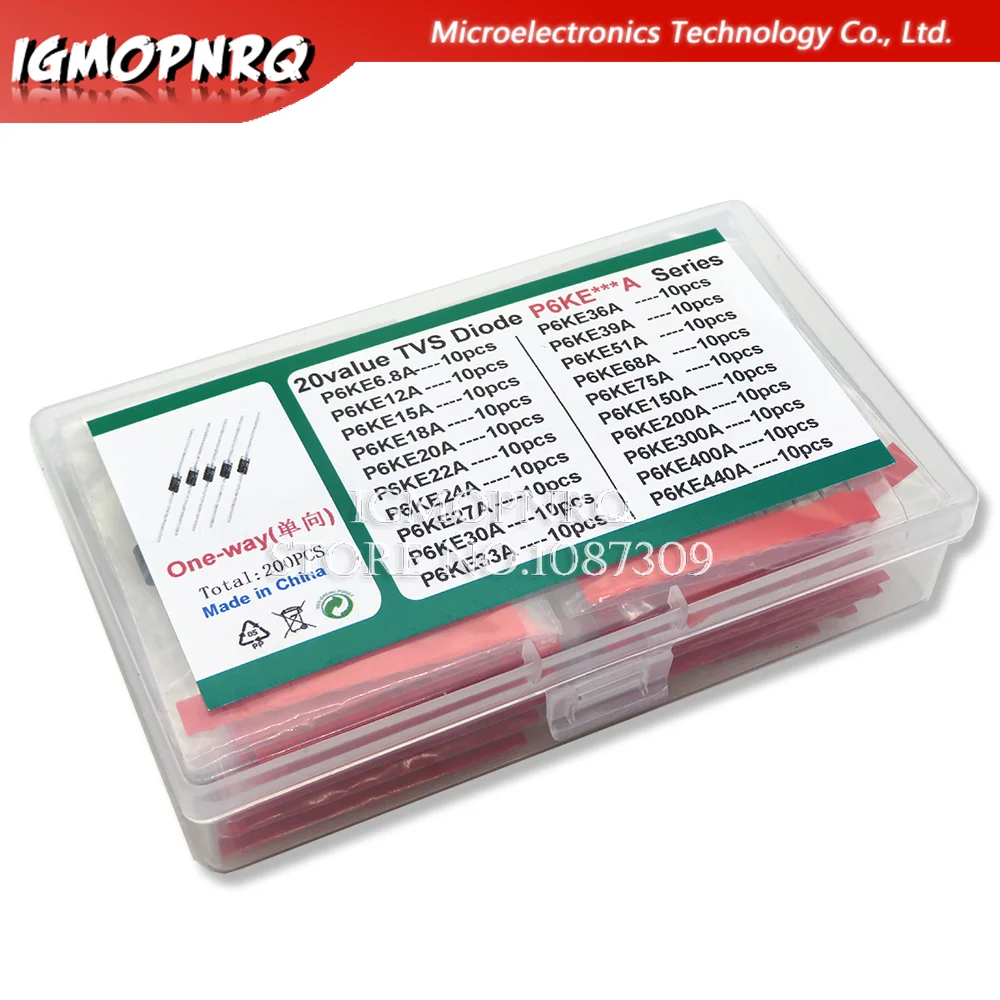 20 Valori * 10 Pz = 200 Pz Kit Transistor Tvs P6Ke6.8A/Ca 12/15/18/20/22/24/27/30/33/36/39/51/68/75/150/200/300/400/440/A/Ca Diodo