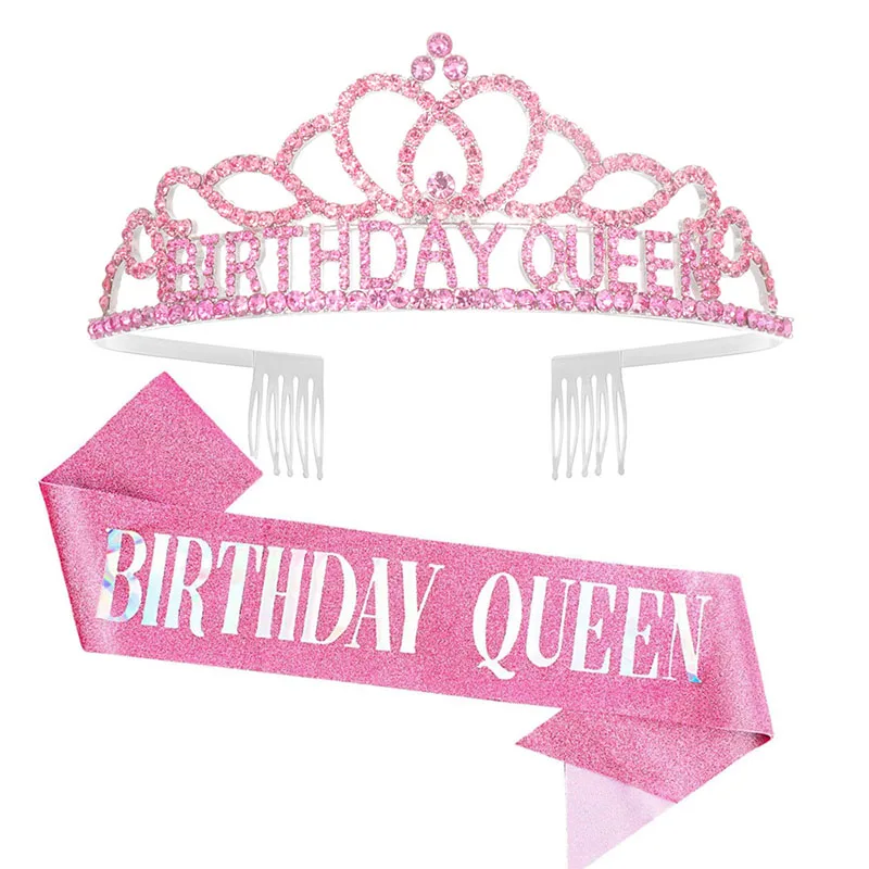 Pink Birthday Queen Crown and Sash Girls Golden Silver Birthday Princess Sash Rhinestone Tiara Anniversary Party Decor for Kids