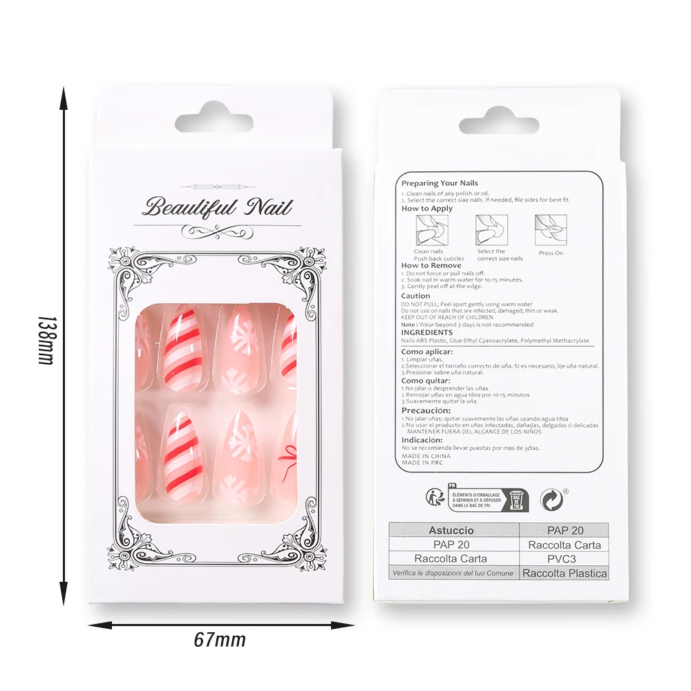 24 Stück französische Nägel zum Aufdrücken, Mandel-Weihnachtsmütze, rot und weiß gestreift, Schleife, Schneeflocke, künstliche Nägel, Kawaii, zum Aufdrücken der Nägel, mittelgroß * – Detail 19