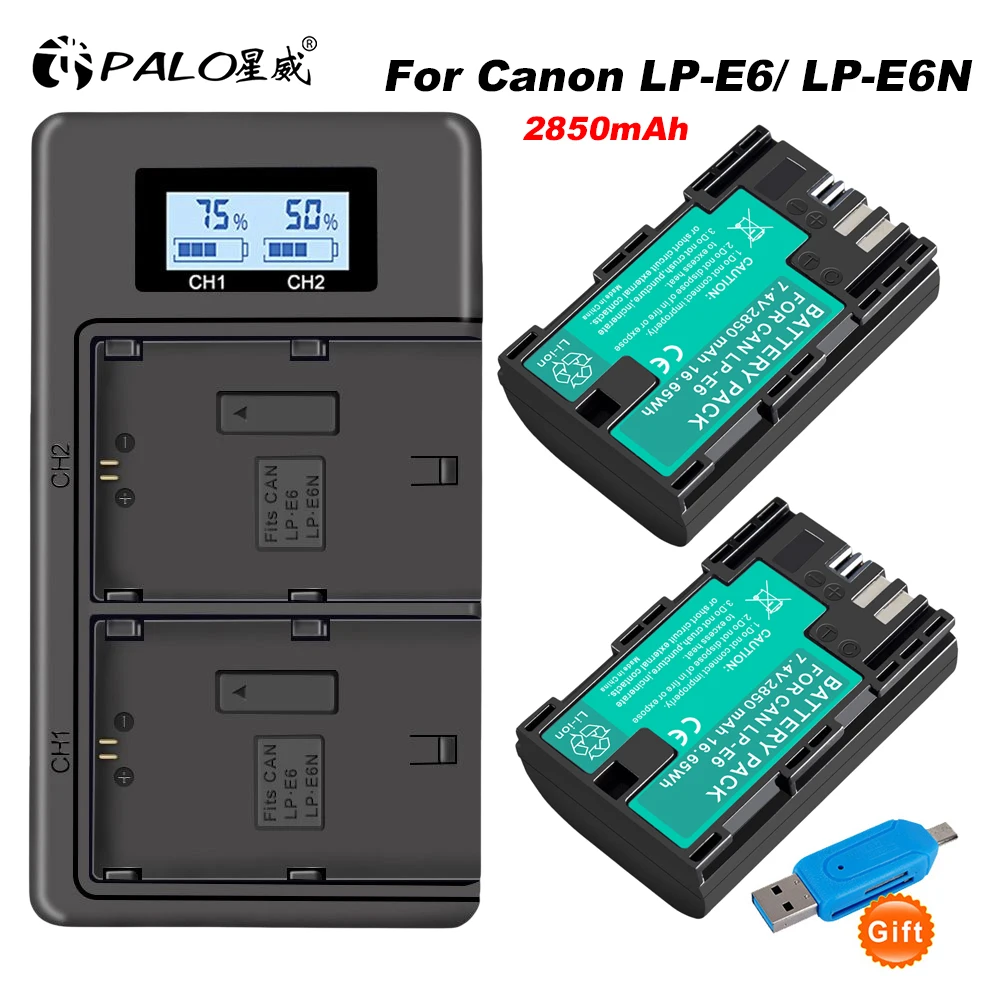 2850Mah Lp E6 Lpe6 Lp-E6 E6N Batteria + Caricabatterie Per Canon Eos 6D 7D 5D Mark Ii Iii Iv 5D 60D 60Da 70D 80D 90D 5Ds R5 R6 Xc10 Xc15