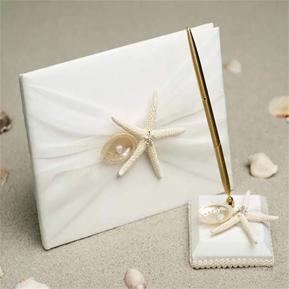 Beach Themed Guest Book and Pen Set with Sea Star and Seashell Wedding Decorations