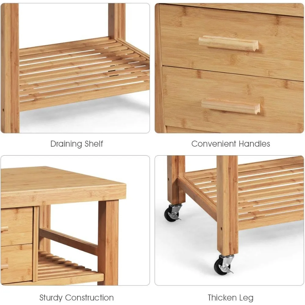Kitchen Island, Bamboo Island Cart, Kitchen Trolley Cart on Wheels, Rolling Cart, 2 Drawers, Towel Rack, Casters