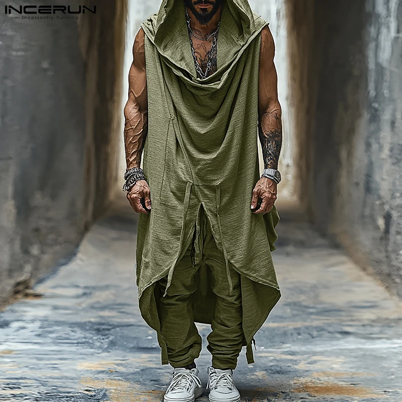 Fashion Casual Style Sets INCERUN New Men's Hooded Swinging Neck Sleeveless Drawstring Vests Pant Streetwear Two-piece Sets 2024 2