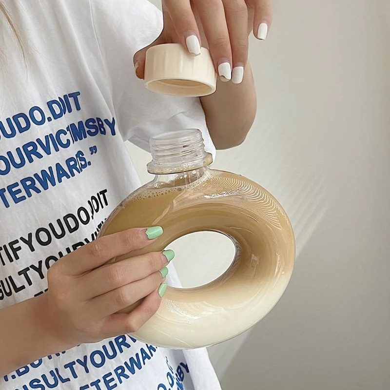 زجاجة مياه رياضية بلاستيكية ، وعاء شفاف على شكل دونات ، كوب شرب عصير للسفر في الهواء الطلق ، كوب محمول مقاوم للتسرب ، من من من من الخارج ،