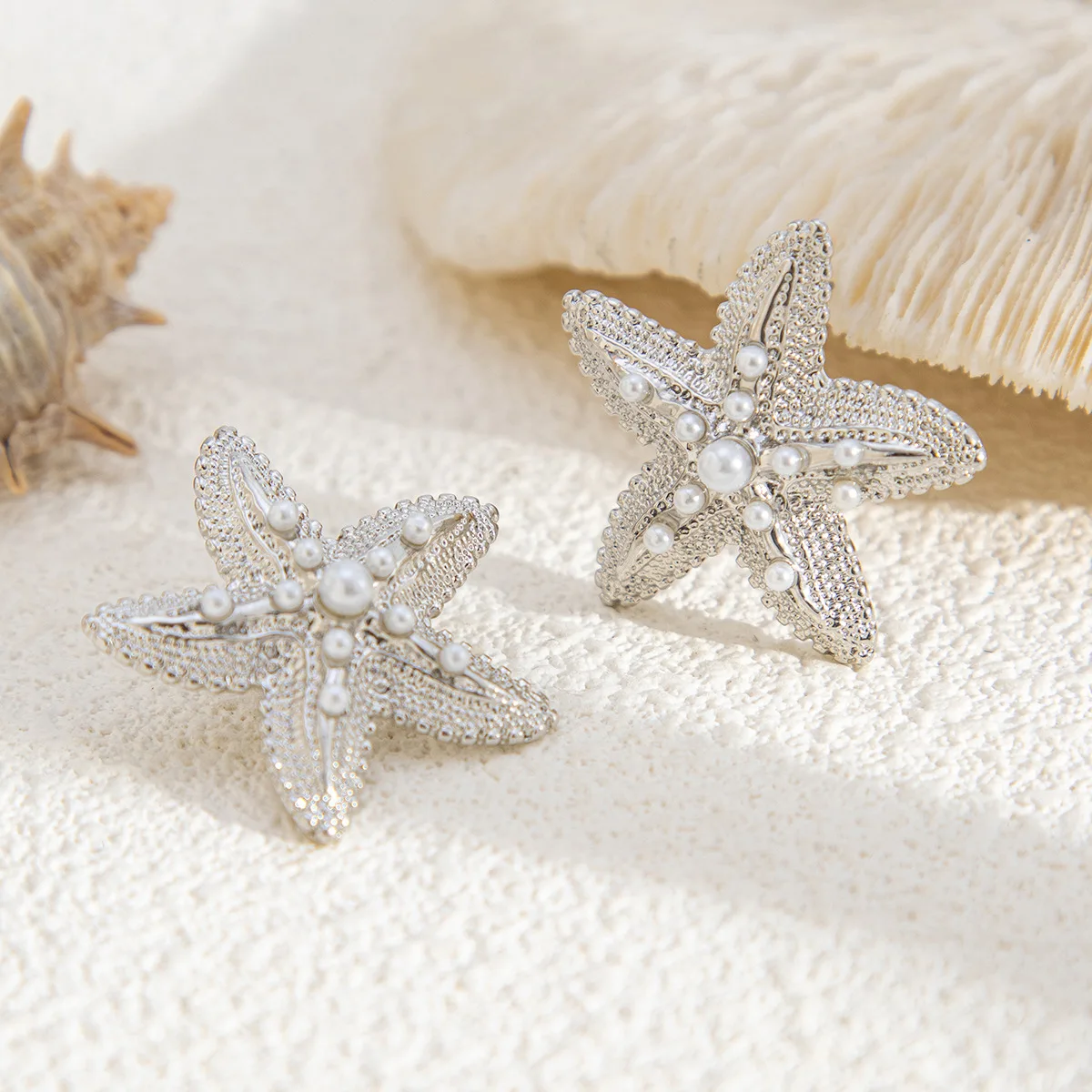 Trendy Simulated Starfish Stud Earrings for Women Star Pearl Earring Summer Beach Daily Jewelry