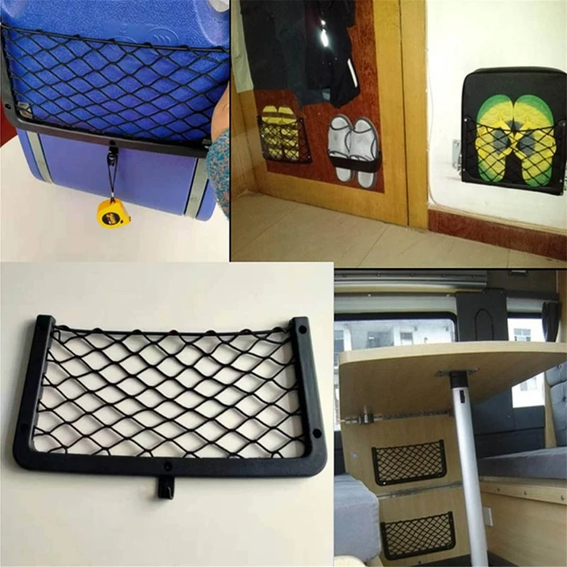 Car Net Bag with Screws for Secure Fit in Auto RV Home Marine Bus Seat Side Plastic Frame with Stretchable Mesh Net 1 Pc