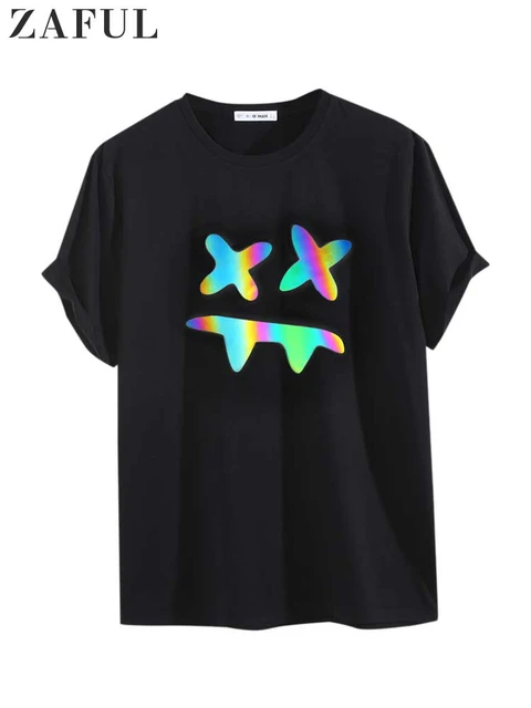 ZAFUL Y2K Aesthetic Streetwear Luminous Reflective Cartoon Printed Funny T- shirt In BLACK