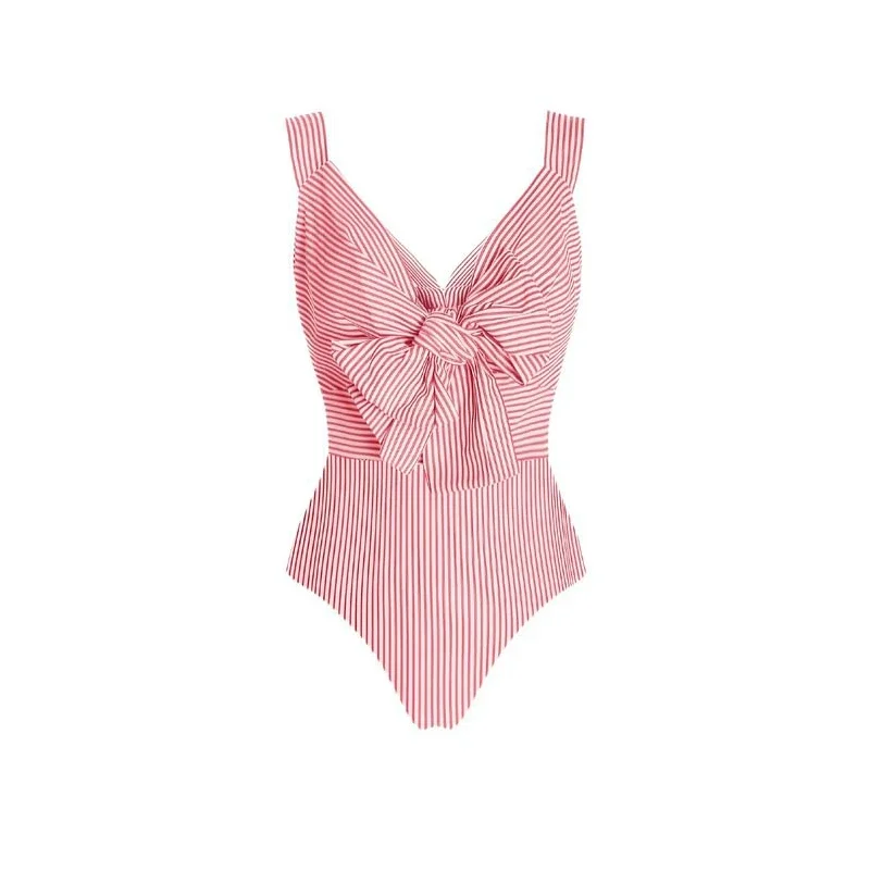 Summer Swimsuit And Skirt Sexy V Neck Solid Bikinis Sets Women BathingSuit Monokini Bodysuit Pink Bowknot Striped Bodysuit