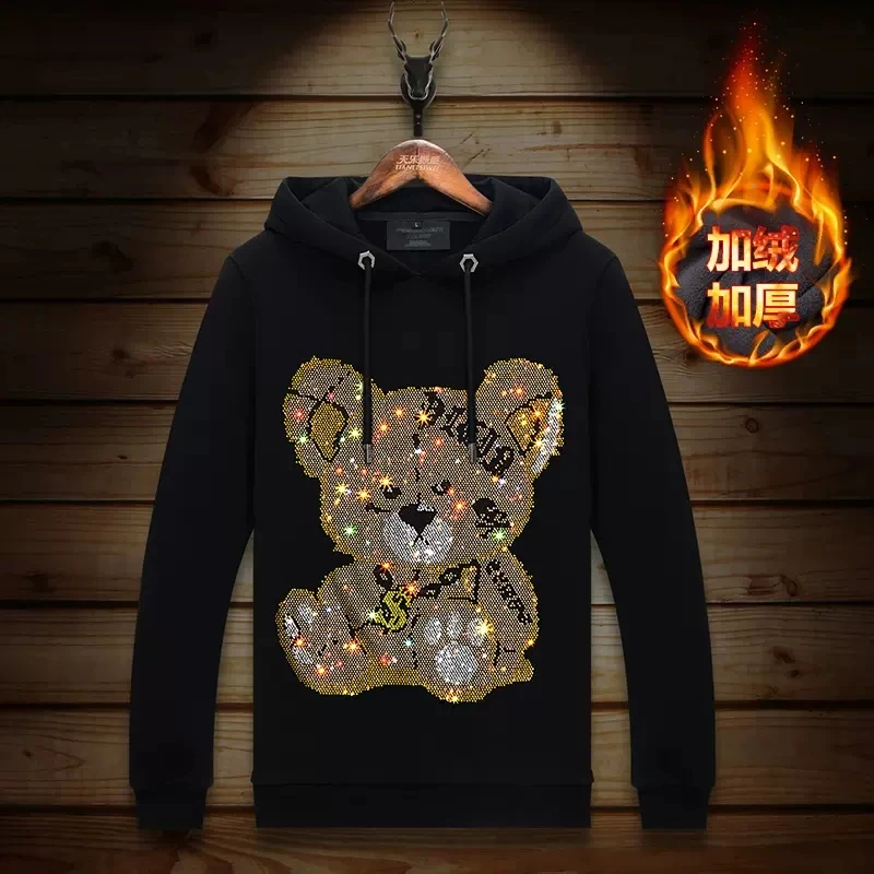 

2023 Diamonds Bear Cartoon Mens Hooded Hoodie Fashion Streetwear Full Pullover Thick Belt Fleece Sweatshirts Men Winter Hoodie