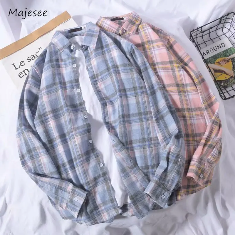 

Plaid Shirts Men Hot Sales Autumn Basic Long Sleeve Simple Chic All-match Unisex Teens Tops College Korean Style Casual Classic