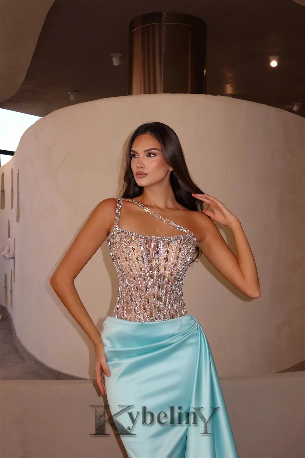 Kybeliny Glamorous One-Shoulder Prom Dresses for Women Rhinestones Mermaid Satin Evening Gowns Vestidos De Gala Party Customized