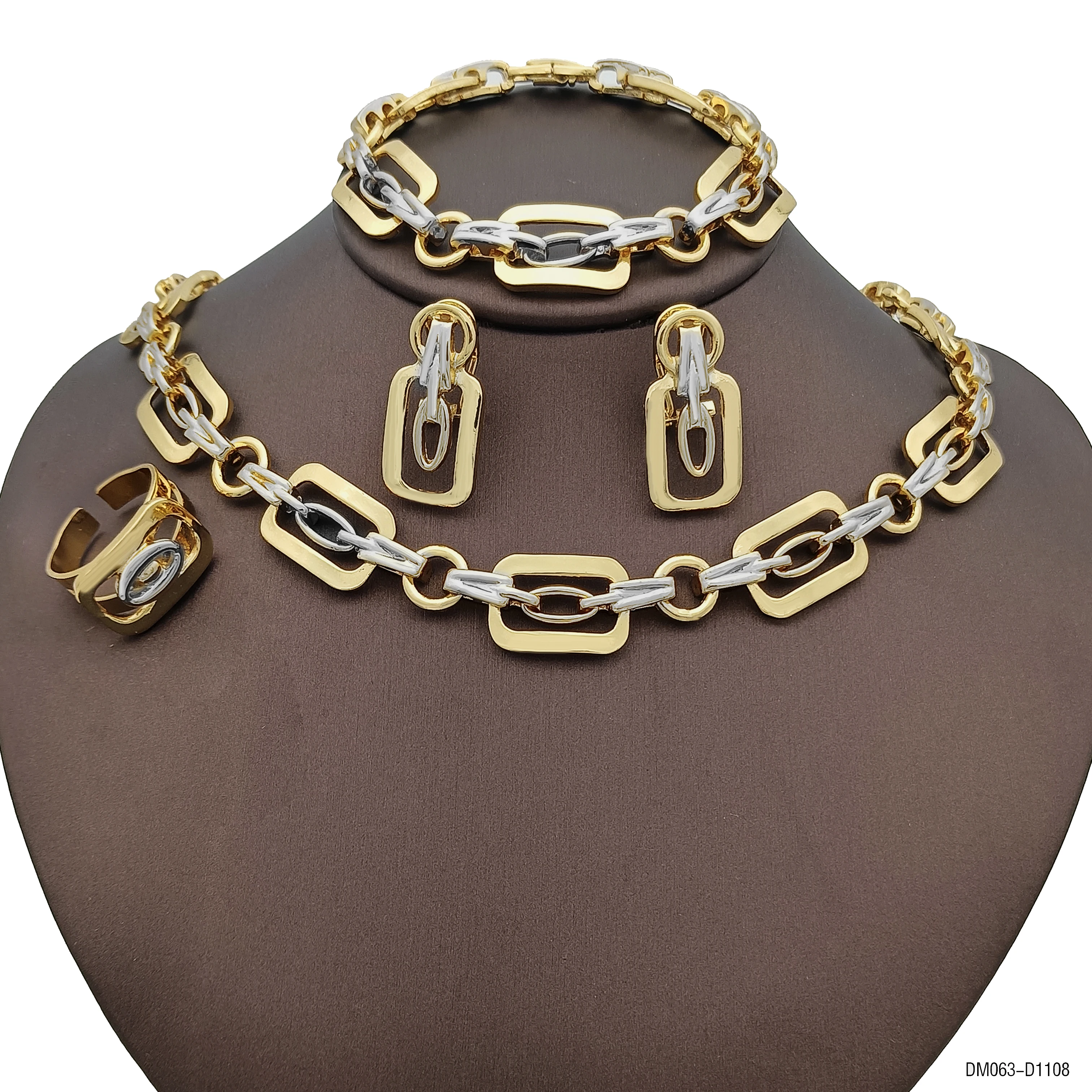 

Dubai Jewelry Set Fashion Woman Gold Plated Necklace Jewelry Two-Tone Color Square Shape Earring Ring Gift juego de pendientes