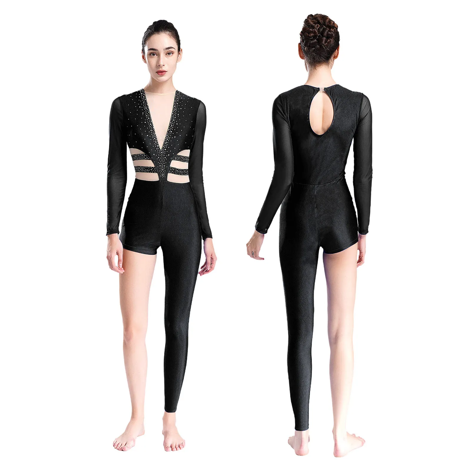 thumbnail image 1 of Jersey de Ballet y gimnasia artística para mujer, traje de baile de patinaje artístico, mono de manga larga con diamantes de imitación brillantes, mono, 1 of 5