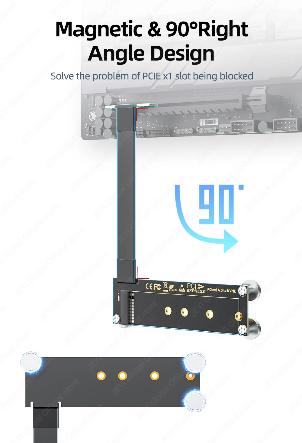 JEYI Magnetischer PCIe 4.0/3.0 X1 auf M.2 NVME-Adapter (16 Gbit/s) mit rechtwinkligem 90-Grad-Design, unterstützt 2230/42/60/80 NVME SSD – Detail 3