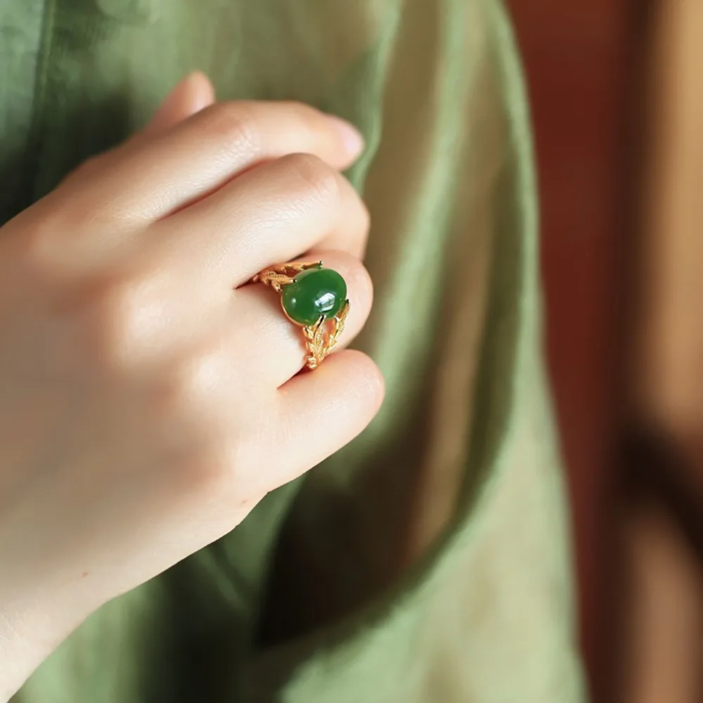 Imitation Natural Hetian Jade Rings Fashion Accessories Jewelry Gifts for Women Talismans 18K Gold Plated Jewelry
