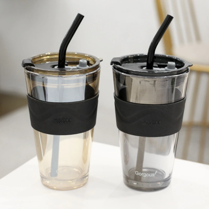 Creative Glass Coffee Cup With Lid Heat Resistant Tea Cups Mug With Straw 450Ml