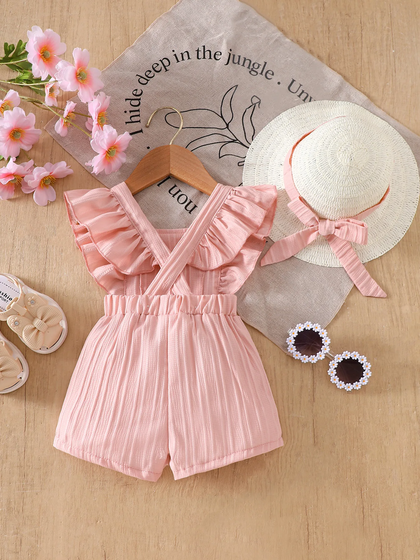 Baby Girl Summer Ruffled Romper + Straw Hat Set, Pink Sleeveless Cute Beach Vacation Outfit for Photoshoots 2
