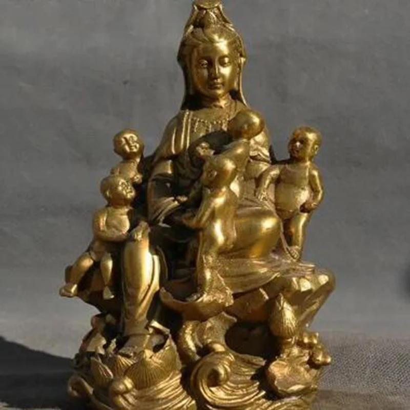 

old China Buddhism brass 5 Boy Kwan-Yin Guanyin Bodhisattva Buddha statue