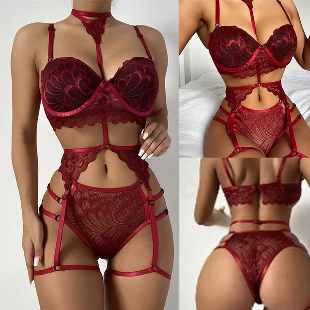 Ropa interior Sexy con cuello Halter para mujer, conjunto de bragas con escote en V profundo, pijama porno, cuello de encaje, perspectiva de bucle de pierna, lencería caliente 2023