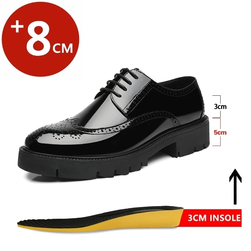 Men's Elevator Shoes 10cm 8cm Luxury Men Brogues Patent Leather Shoes Man Height Increase Insole 10cm Business Wedding Man