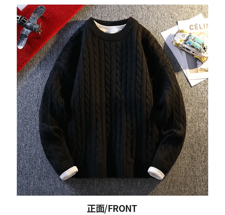 Neue Männer Zopfmuster Pullover Herbst Winter Diamant Muster Lose Fit Pullover Solide Mode Casual Streetwear Rundhals Pullover – Detail 7