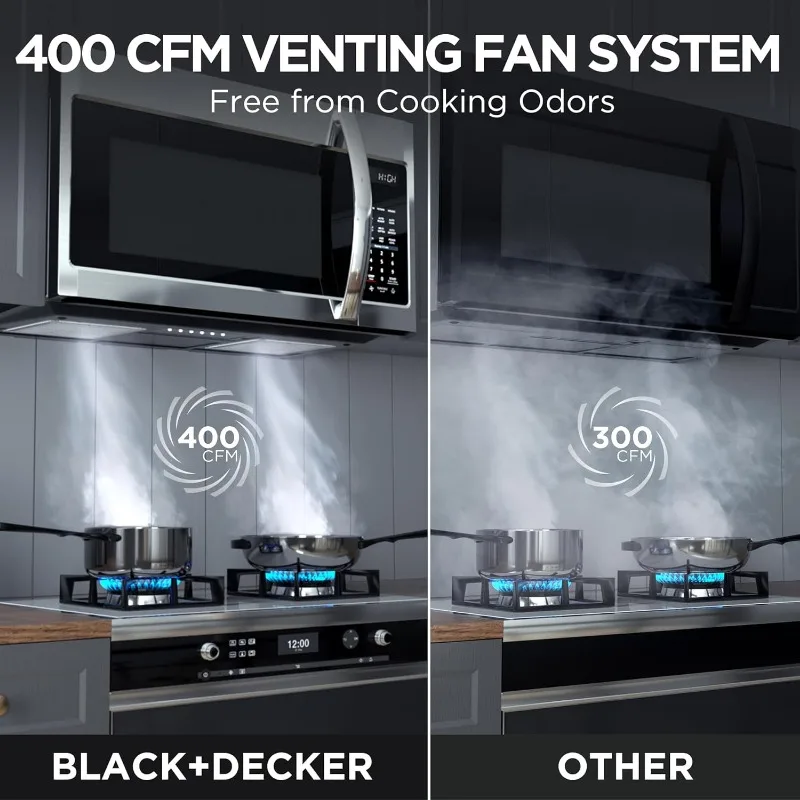 BLACK+DECKER EM044KB19 Over The Range Microwave Oven with One Touch, 1000 Watts, 400 CFM and Sensor Cooking, OTR 1.9 Cu.ft 3