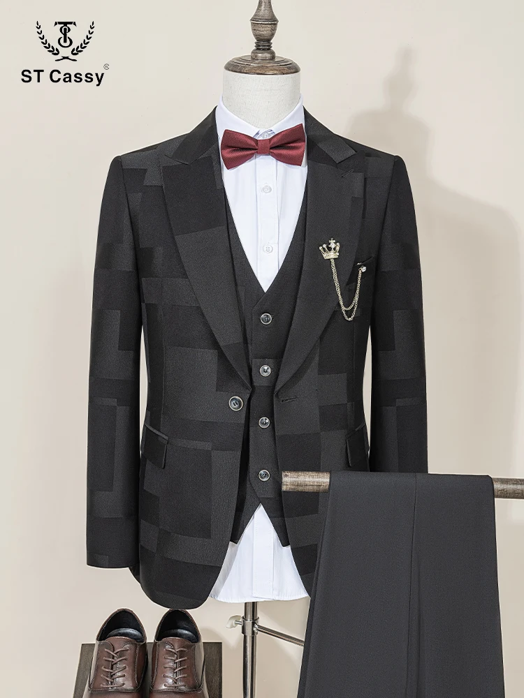 ST Cassy High Quality Luxury man suit Male Groom wedding three-piece Fashionable and Casual Party Dress Plaid full men's suit