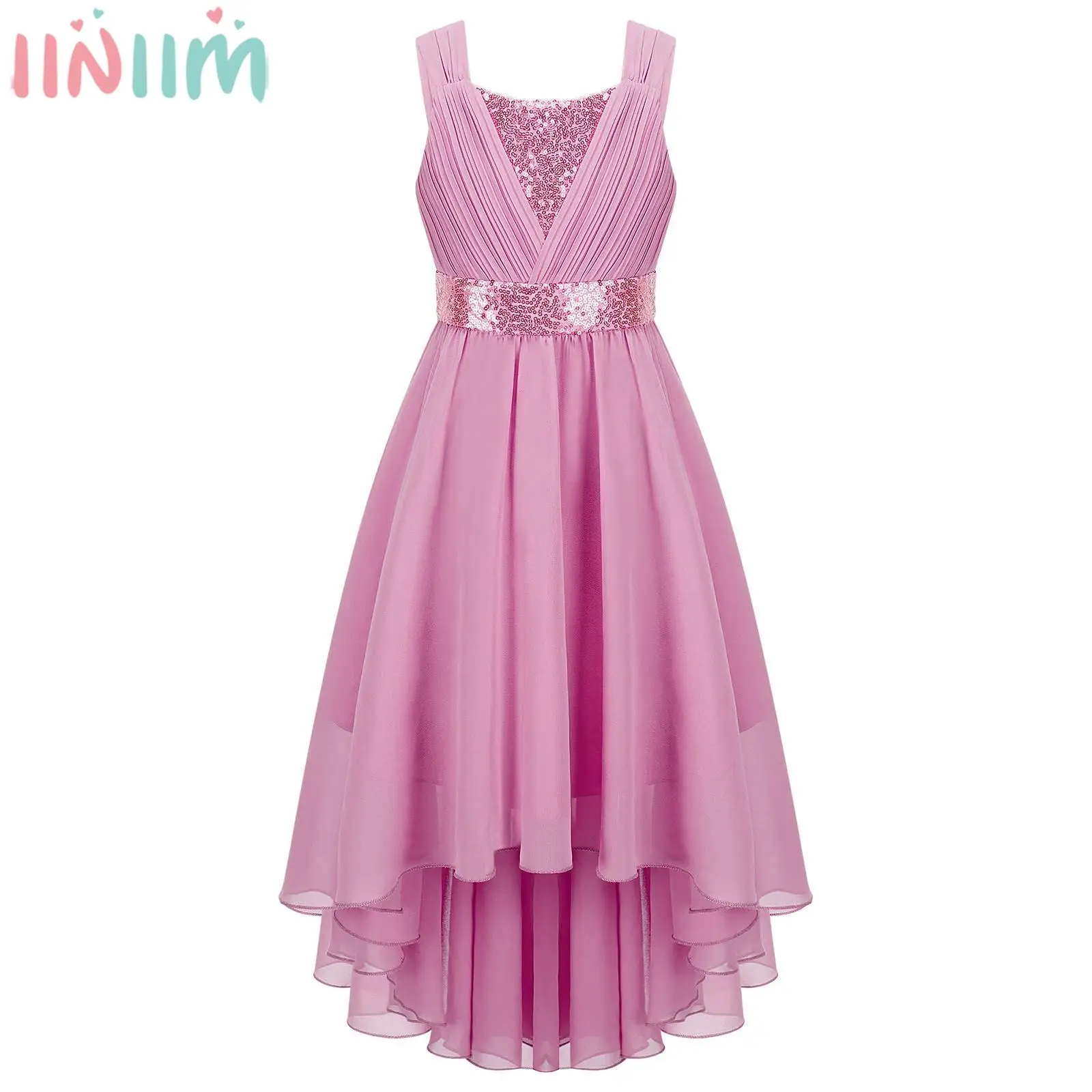 Kids Girls Elegant Chiffon Ruched Party Dress Shiny Sequin Sleeveless Hi-lo Hem Maxi Ball Gown Princess Wedding Birthday Dress