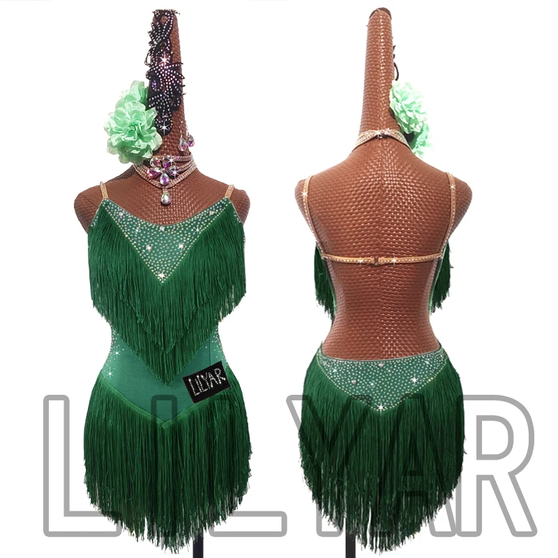 dance dress latin competition costumes skirt performing rhinestones adult children tassel