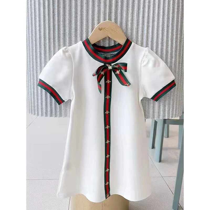 

Summer Clothing Fashionable New2024Korean Style Cotton Baby Girl Bow Short Sleeve Princess Dress