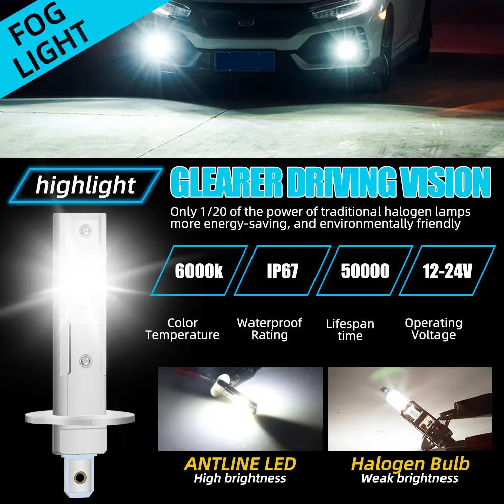 2개 H1 LED 안개등 전구 LED 안개 주행등 전구 8SMD 초고휘도 6000K 백색 DRL 주행등 플러그 앤 플레이