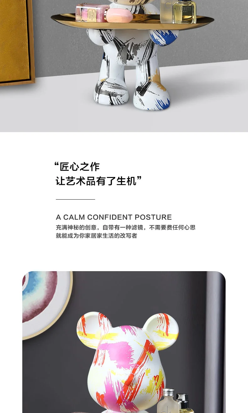 Statue deco,Figurine ours brique en résine avec plateau en cuivre