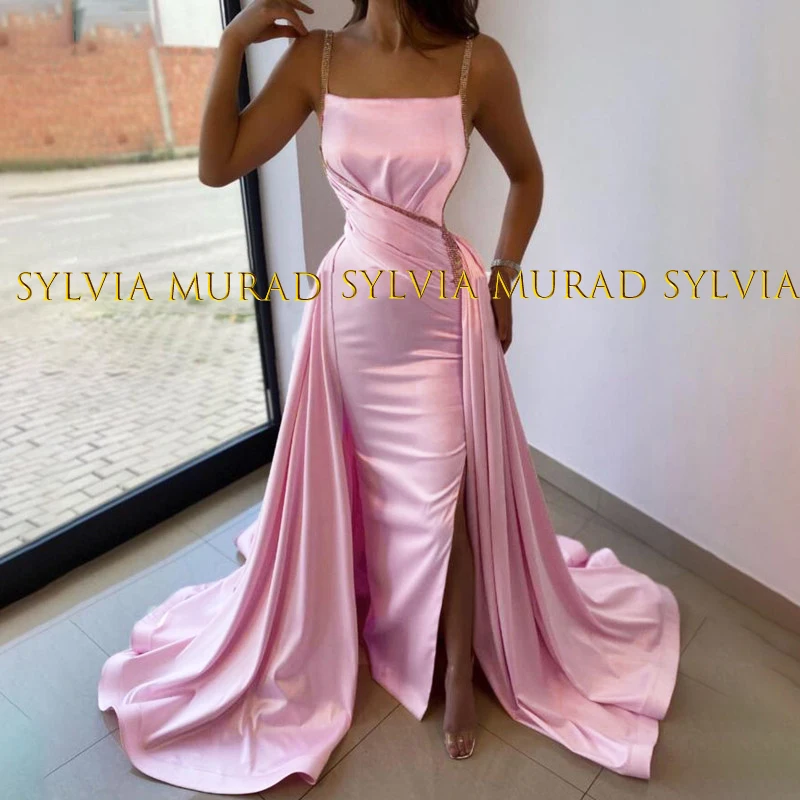 

Stylish Overskirt Evening Dress Long Sweep Train Spaghetti Straps Sleeveless Pink Satin Prom Dresses Party For Women