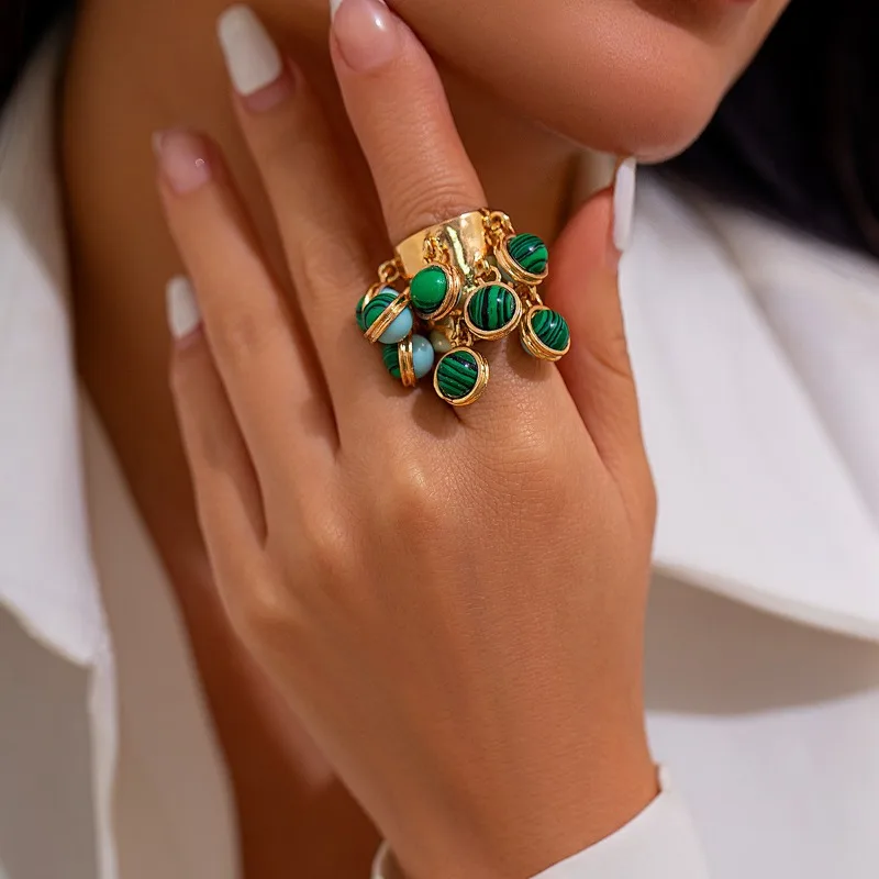 Vintage Natural Stone Beads Tassels Pendant Open Ring for Women Luxury Gold Color Rings Wedding Party Boho Jewelry