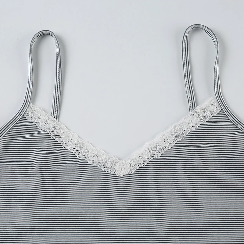 Contrast Lace Patchwork Slim Stripe Y2K 2 Pieces Shorts Sets Womens Cute Kawaii V Neck Camisole And Botton Shorts Set