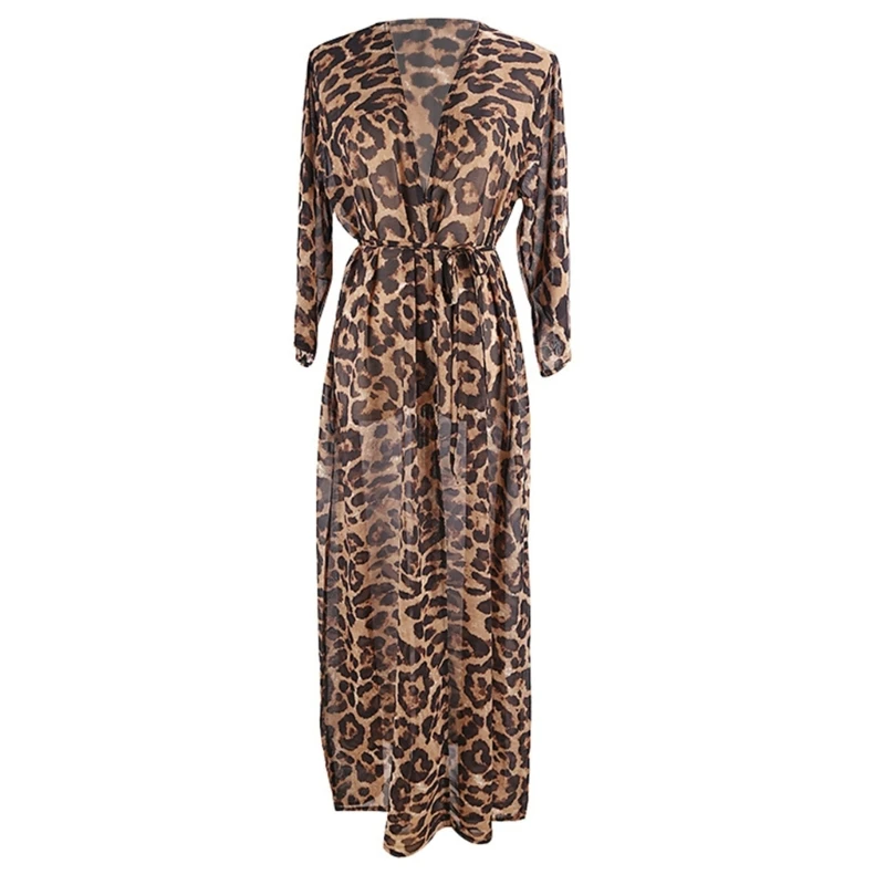 

Y1UC Женская пляжная одежда с длинным рукавом, длинное платье-халат, купальник с леопардовым принтом, накидки