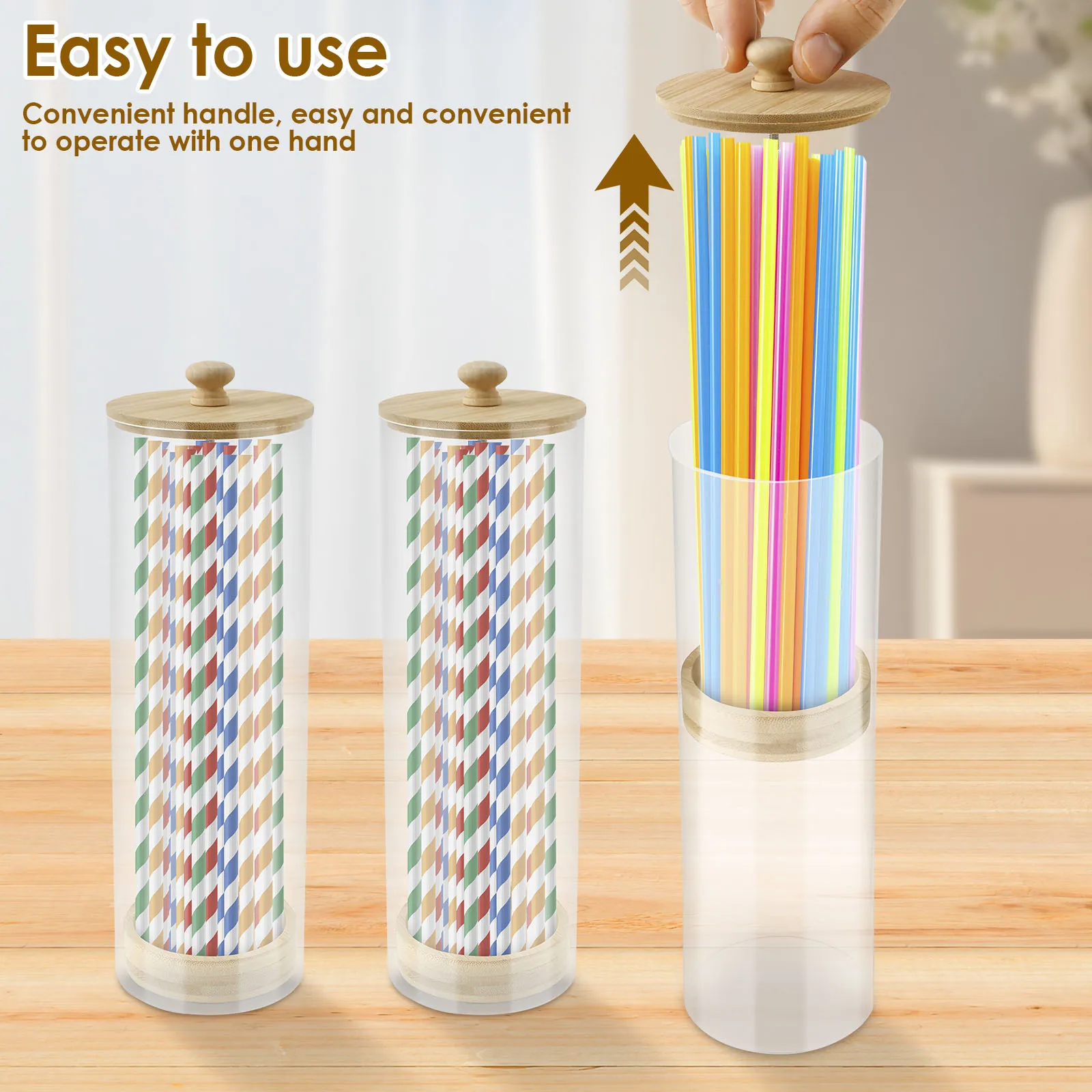 Clear Acrylic Straw Holder Organizer With Wood Lid For Kitchen Storage