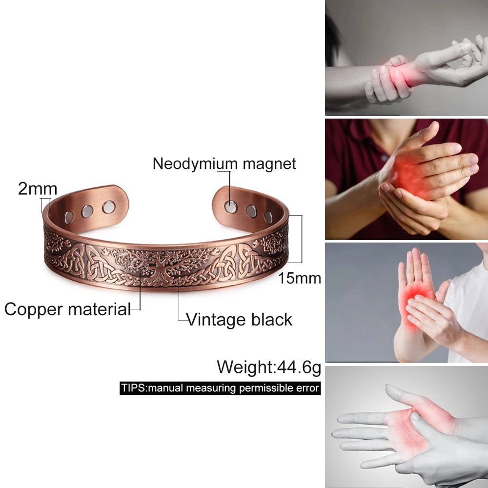 Pure Copper Bracelet Yggdrasil Vintage Knot Magnetic Therapy 15mm Adjustable High Magnets Bangles Resizable Jewelry Men